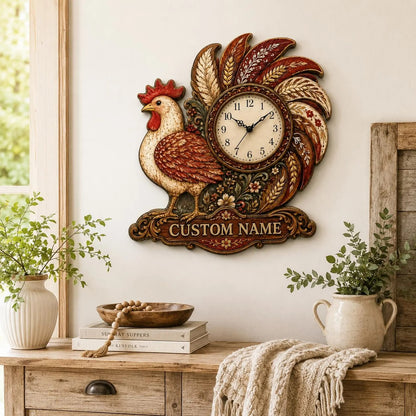 Personalized Rooster Wall Clock Rustic Farmhouse Chicken Decor