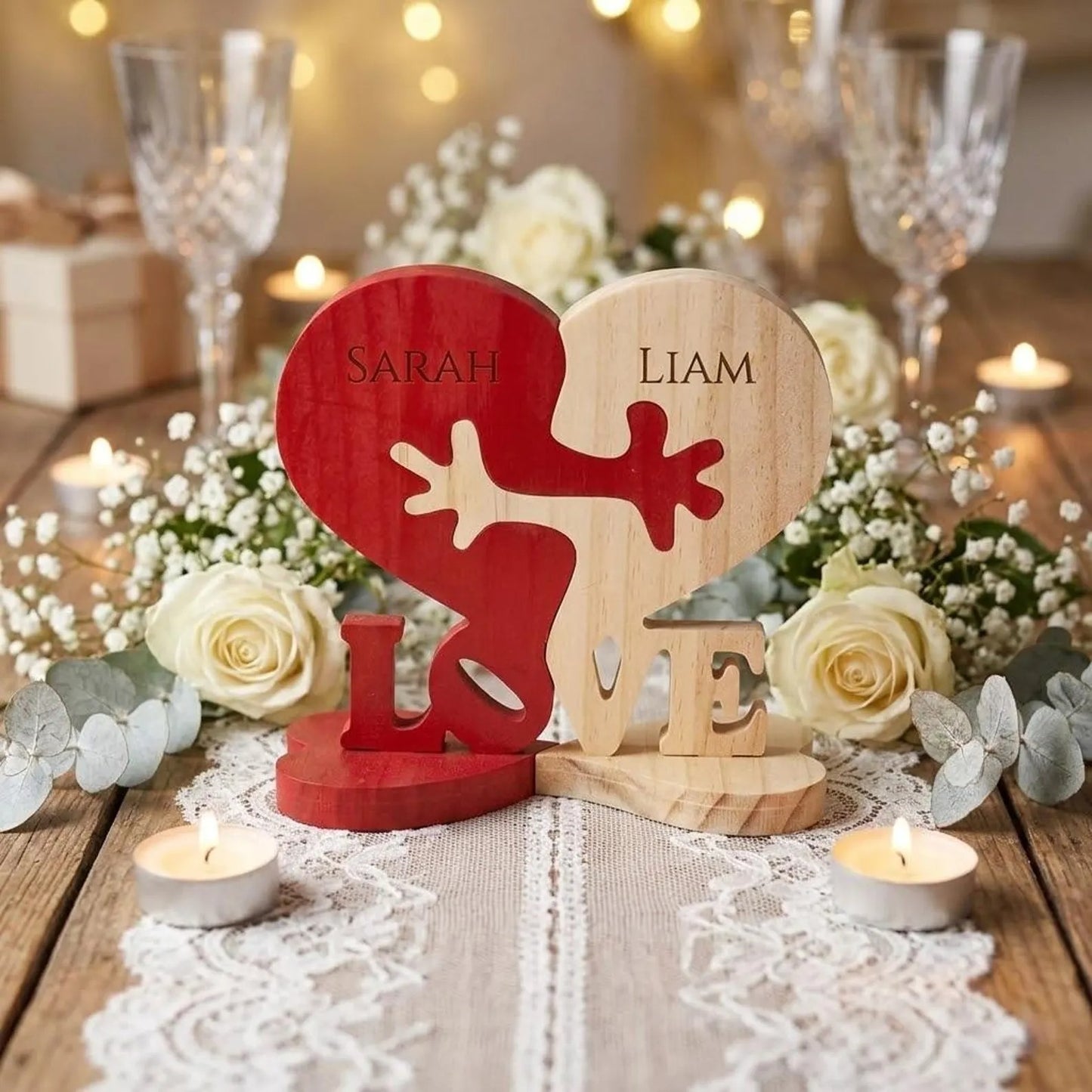 Personalized Intertwined Heart-Shaped Wooden Couple Figurine