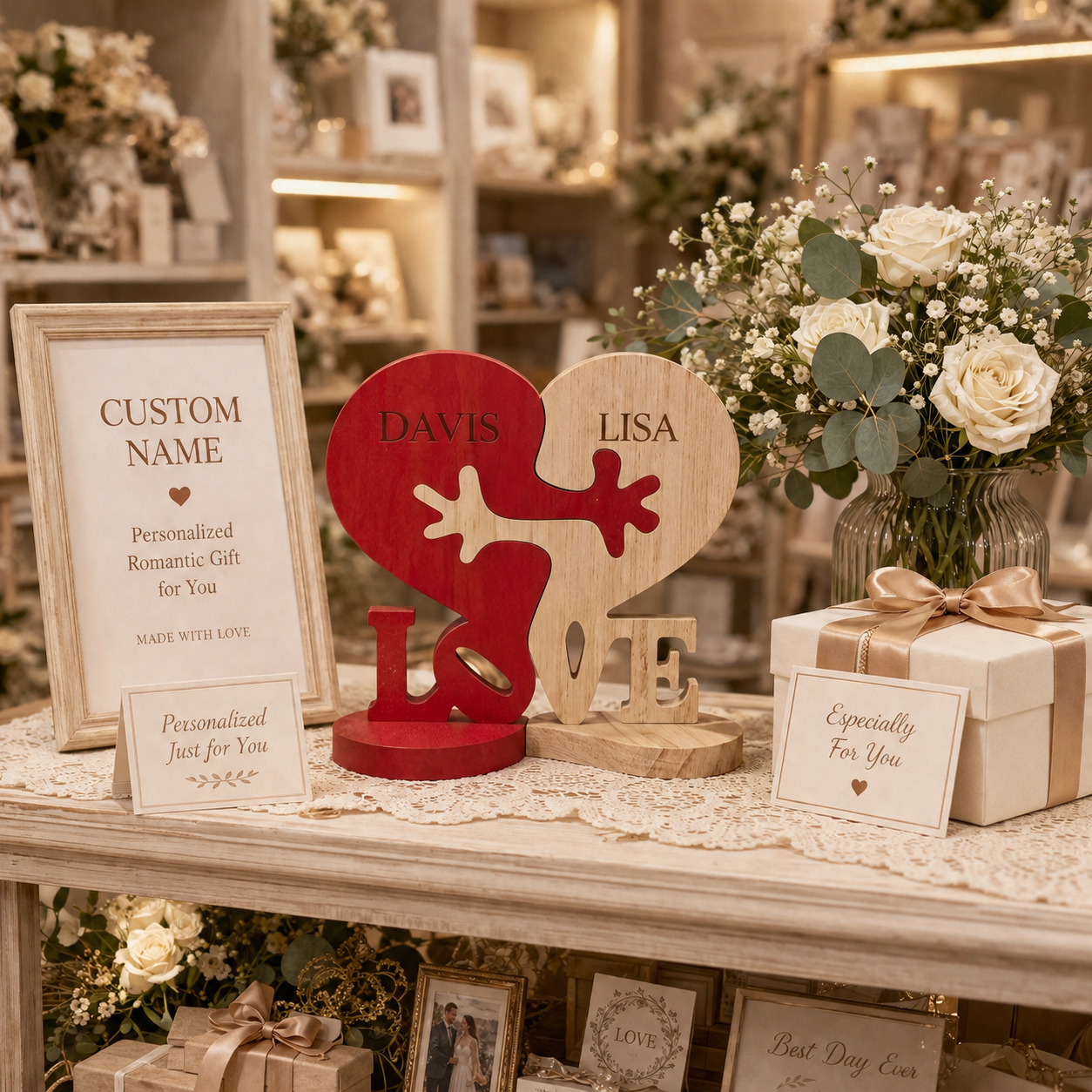 Personalized Intertwined Heart-Shaped Wooden Couple Figurine