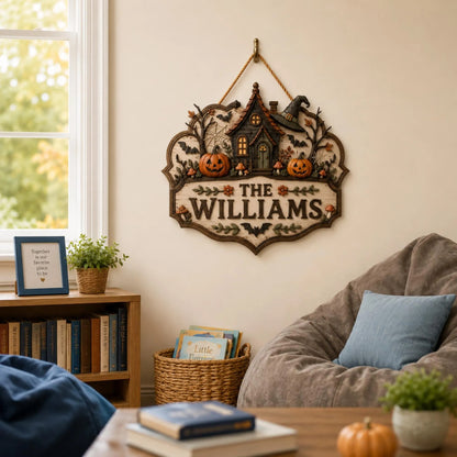 Personalized Halloween Family Name Wall Sign with Cozy Cottage Design