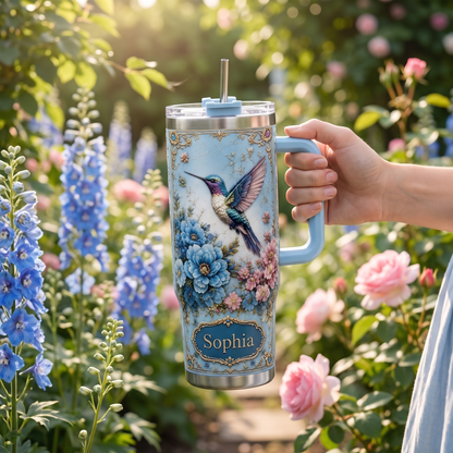 Personalized Hummingbird Tumbler – Custom Name Floral Gift Cup for Her