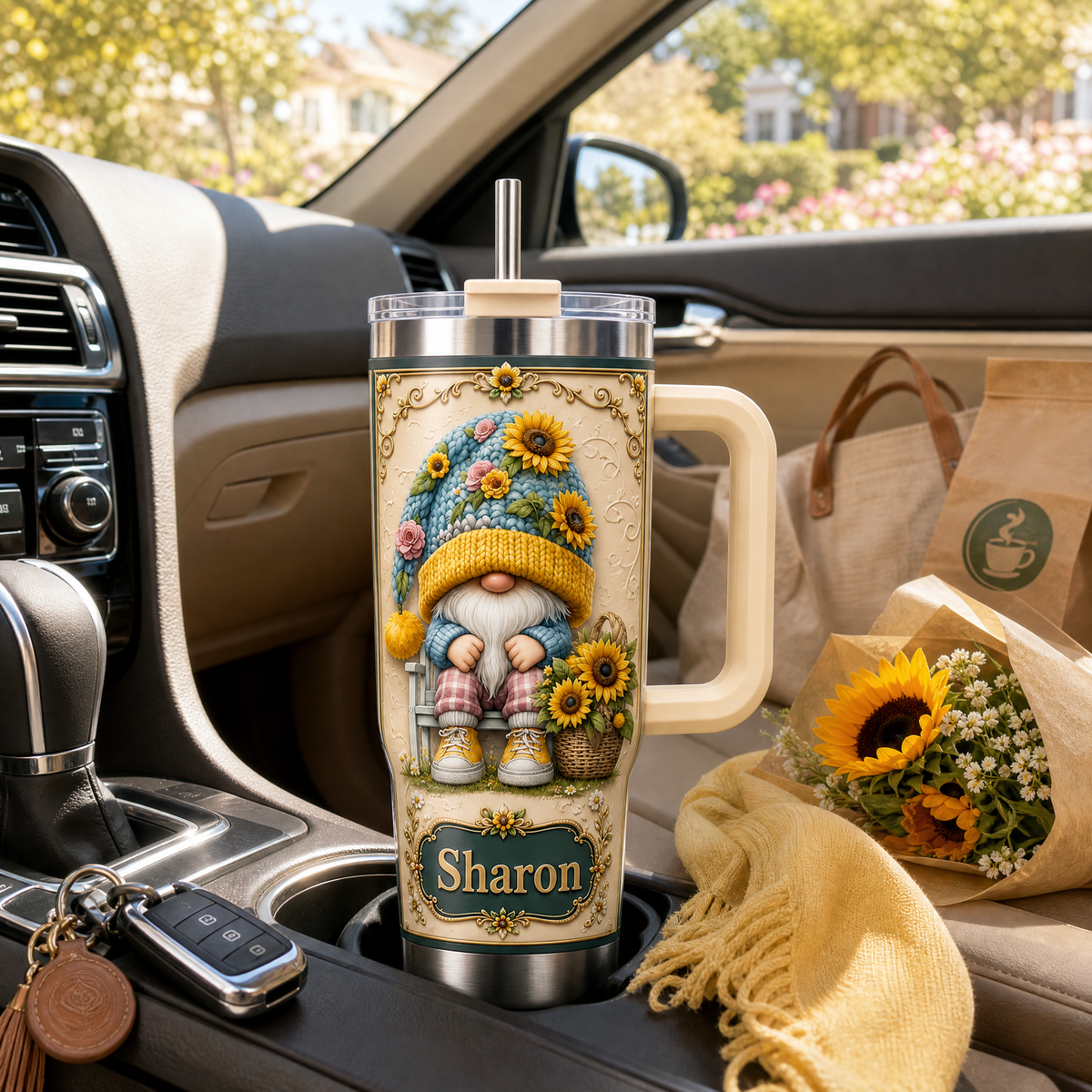 Personalized Sunflower Gnome Tumbler – Custom Name Gift Cup