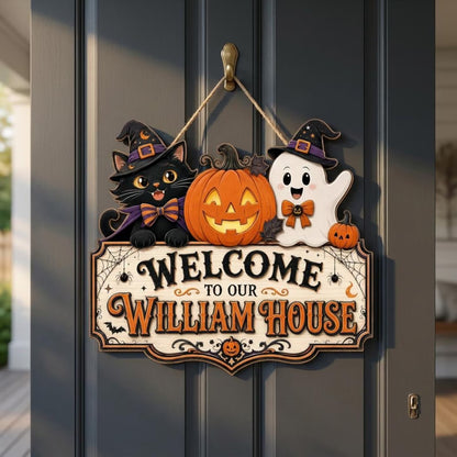 Personalized Halloween Welcome Wood Sign with Cat and Ghost