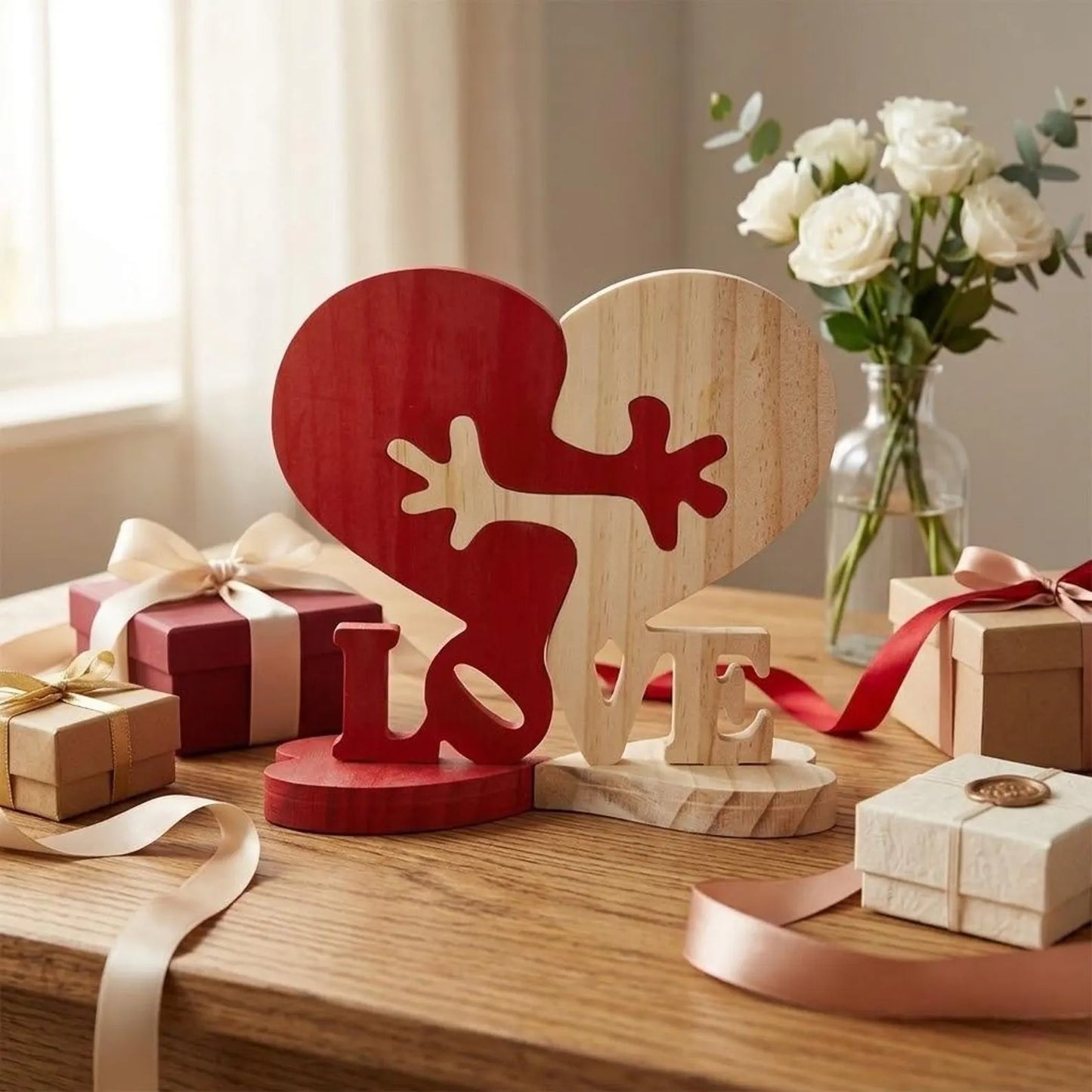 Personalized Intertwined Heart-Shaped Wooden Couple Figurine