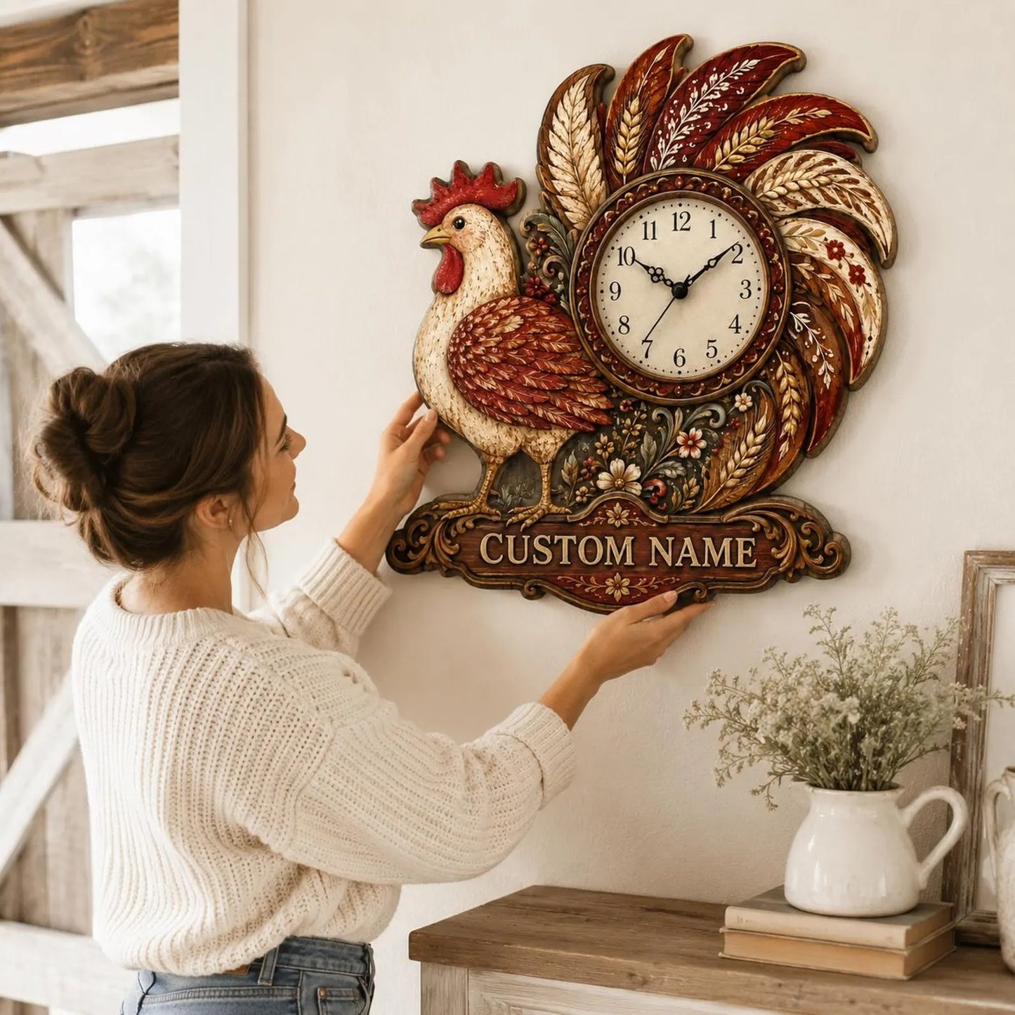Personalized Rooster Wall Clock Rustic Farmhouse Chicken Decor