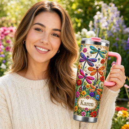 Personalized Dragonfly Tumbler– Custom Name Wildflower Cup for Her