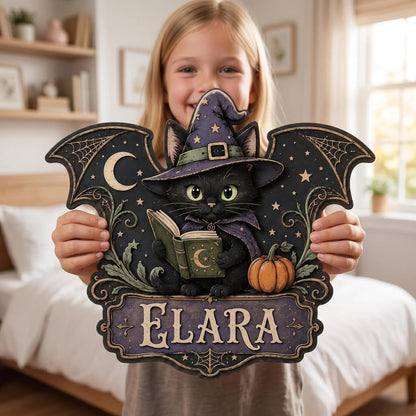 Custom Witch Cat Halloween Door Hanger with Name