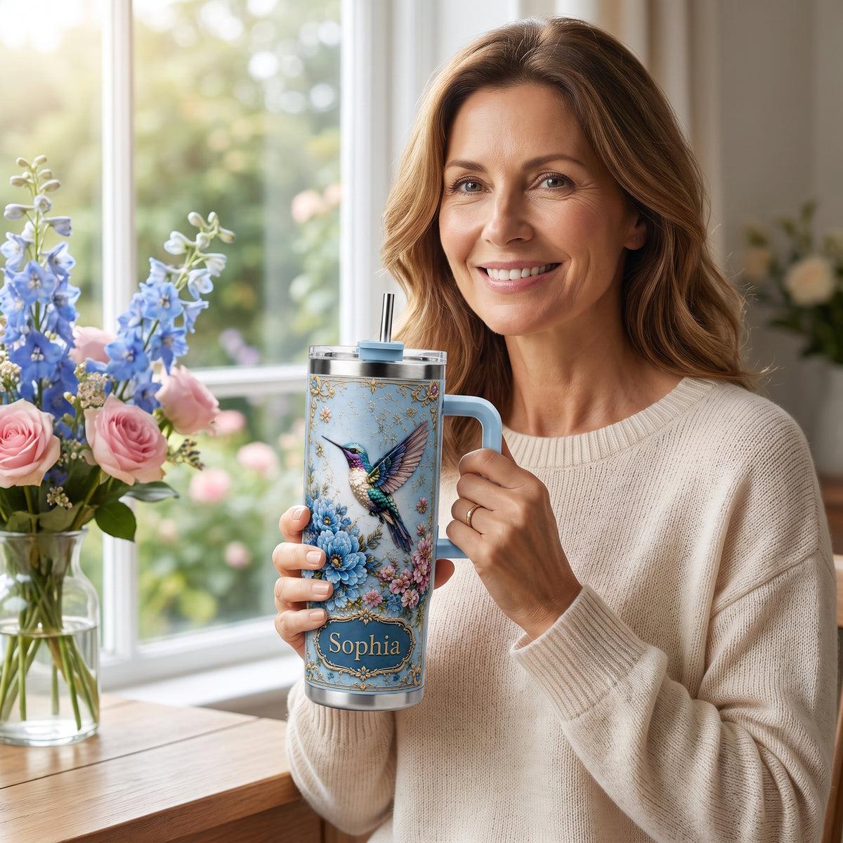Personalized Hummingbird Tumbler – Custom Name Floral Gift Cup for Her