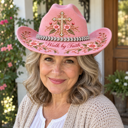 Walk by Faith 🌸 Women’s Pink Floral Cross Cowboy Hat