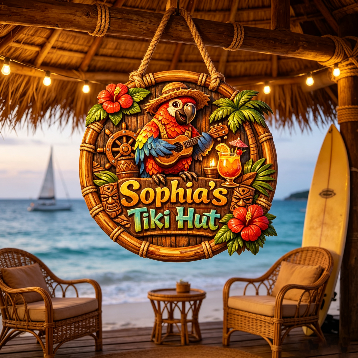Custom Tiki Bar Tropical Parrot Door Sign, Beach House Welcome Sign