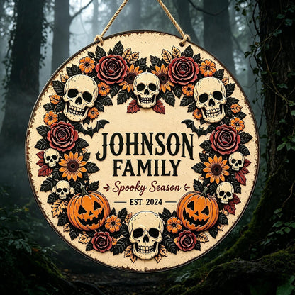 Personalized Halloween Metal Sign,Skull Pumpkin Fall Wreath Sign