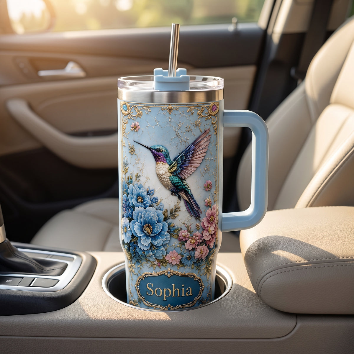 Personalized Hummingbird Tumbler – Custom Name Floral Gift Cup for Her