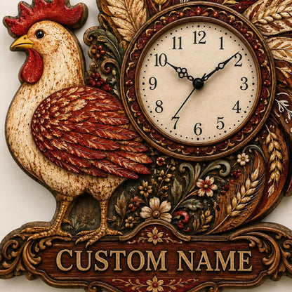 Personalized Rooster Wall Clock Rustic Farmhouse Chicken Decor