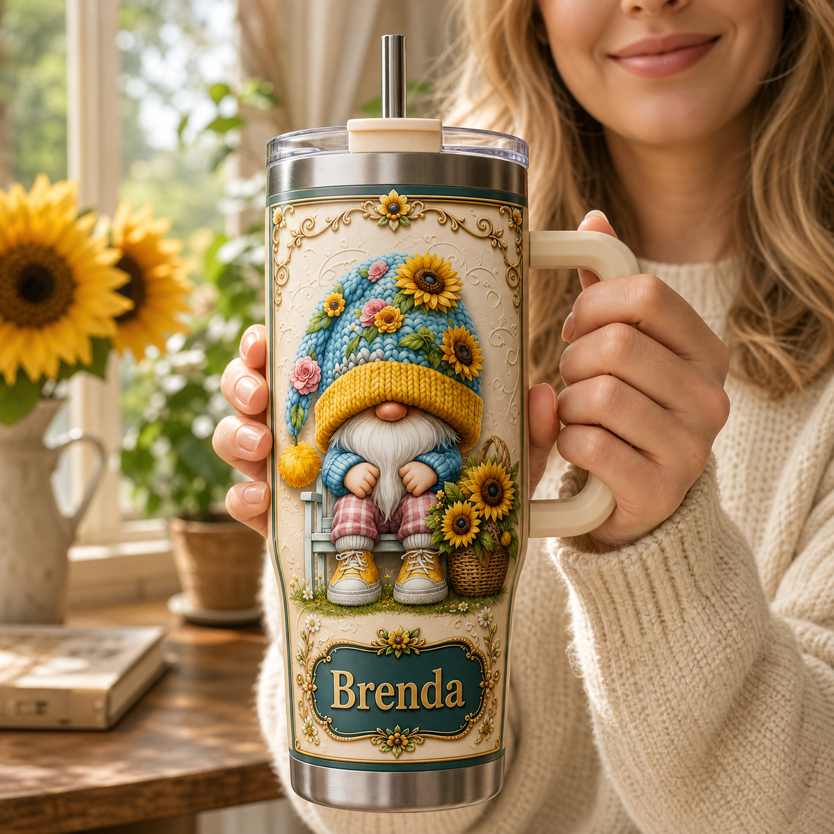 Personalized Sunflower Gnome Tumbler – Custom Name Gift Cup