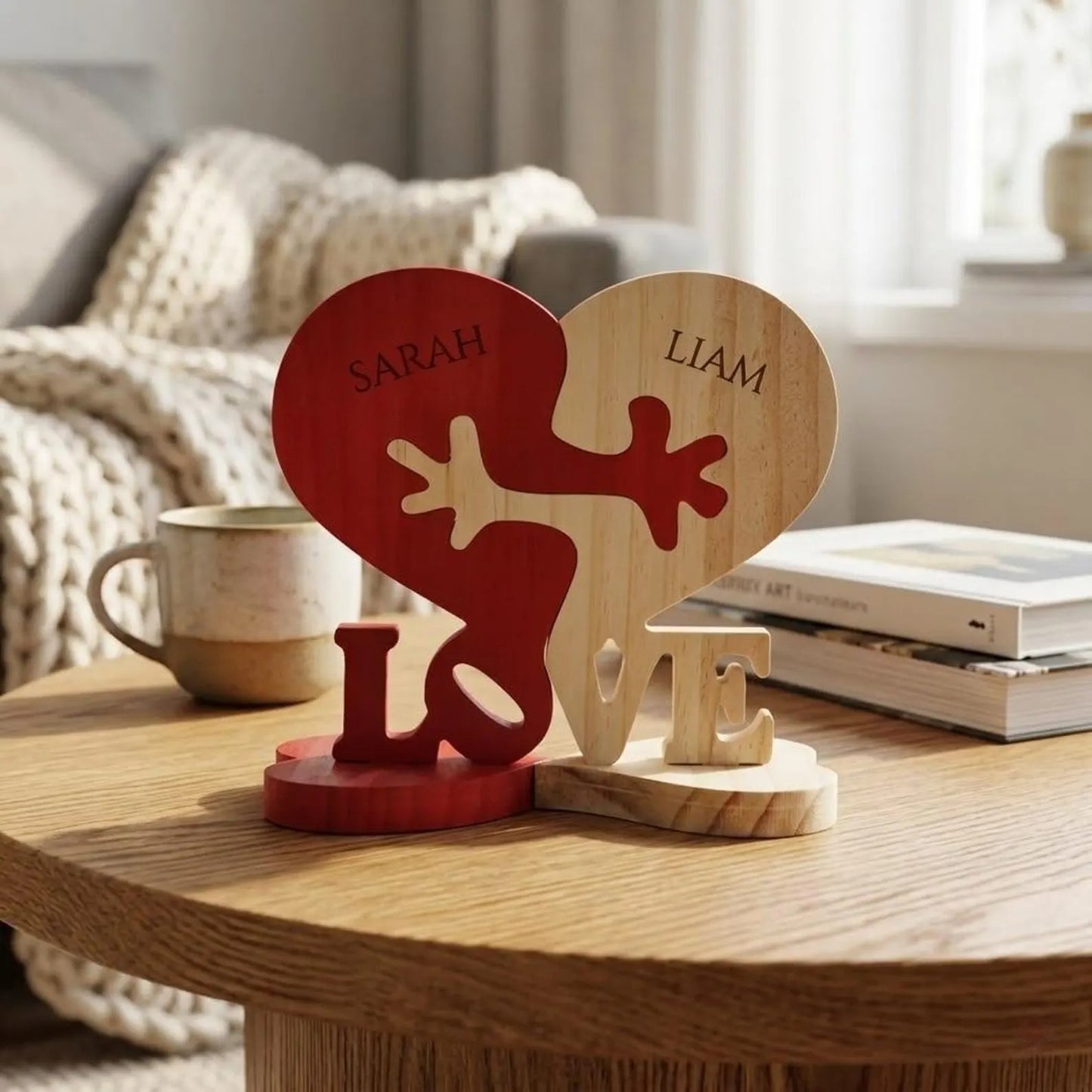 Personalized Intertwined Heart-Shaped Wooden Couple Figurine