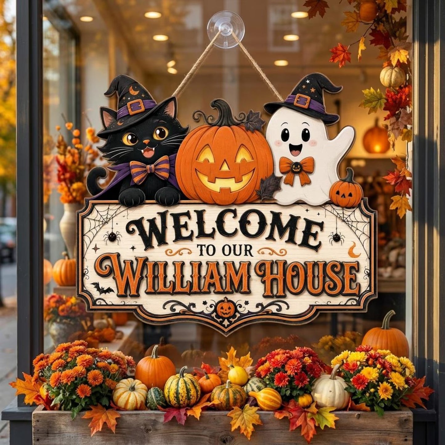 Personalized Halloween Welcome Wood Sign with Cat and Ghost