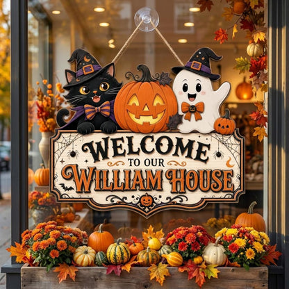 Personalized Halloween Welcome Wood Sign with Cat and Ghost