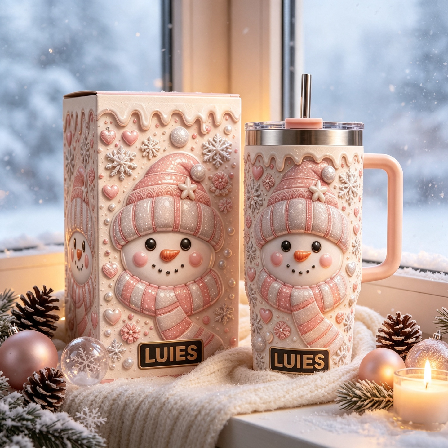 ⛄ Personalized Pink Snowman Tumbler – Sweet Winter Magic in Every Sip