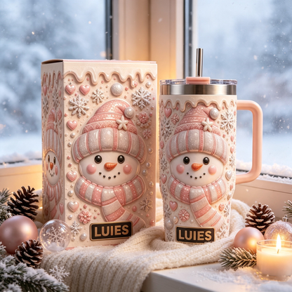 ⛄ Personalized Pink Snowman Tumbler – Sweet Winter Magic in Every Sip