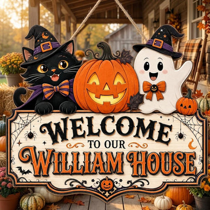 Personalized Halloween Welcome Wood Sign with Cat and Ghost