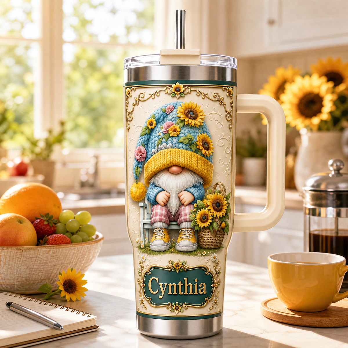 Personalized Sunflower Gnome Tumbler – Custom Name Gift Cup