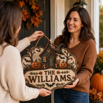 Personalized Halloween Family Name Wall Sign with Cozy Cottage Design