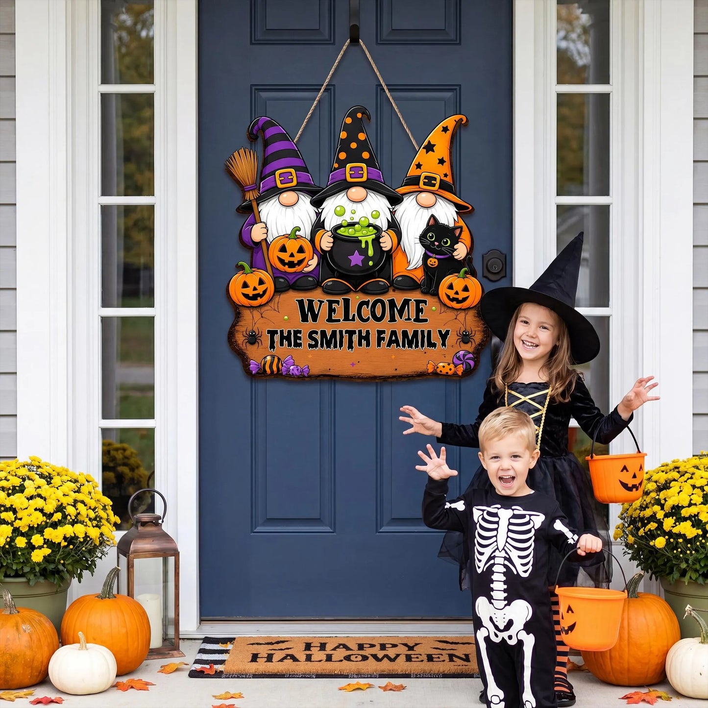 Personalized Halloween “Three Witches and Their Goblin Family” Welcome Wooden Sign