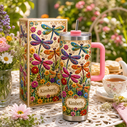 Personalized Dragonfly Tumbler– Custom Name Wildflower Cup for Her
