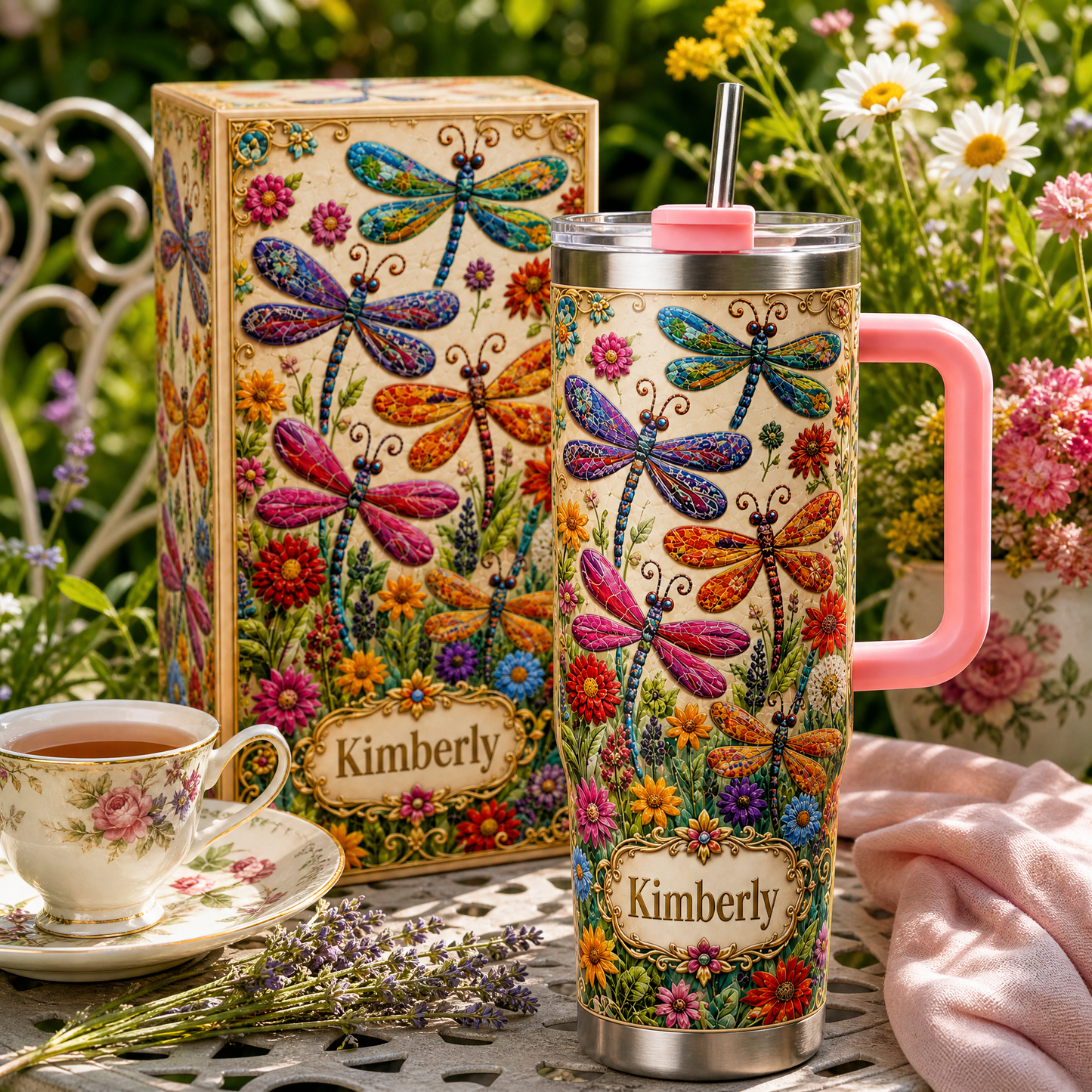 Personalized Dragonfly Tumbler– Custom Name Wildflower Cup for Her