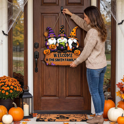 Personalized Halloween “Three Witches and Their Goblin Family” Welcome Wooden Sign