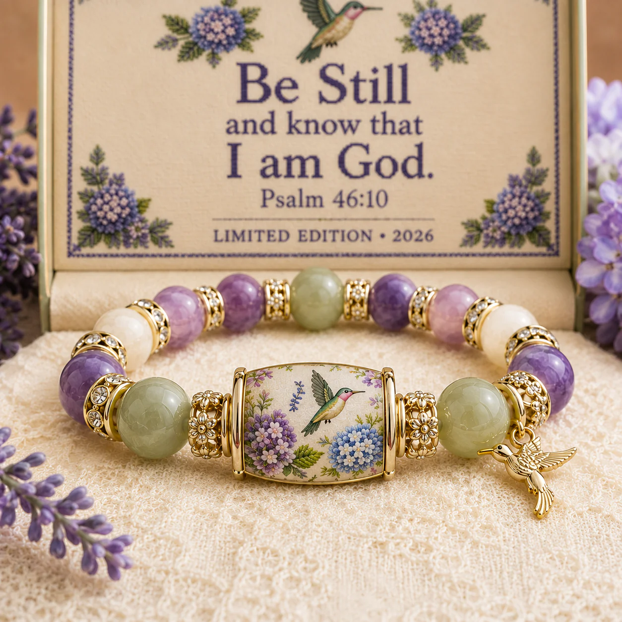 💜 Hummingbird Garden Faith Bracelet 🌸 | Custom message available on the gift box