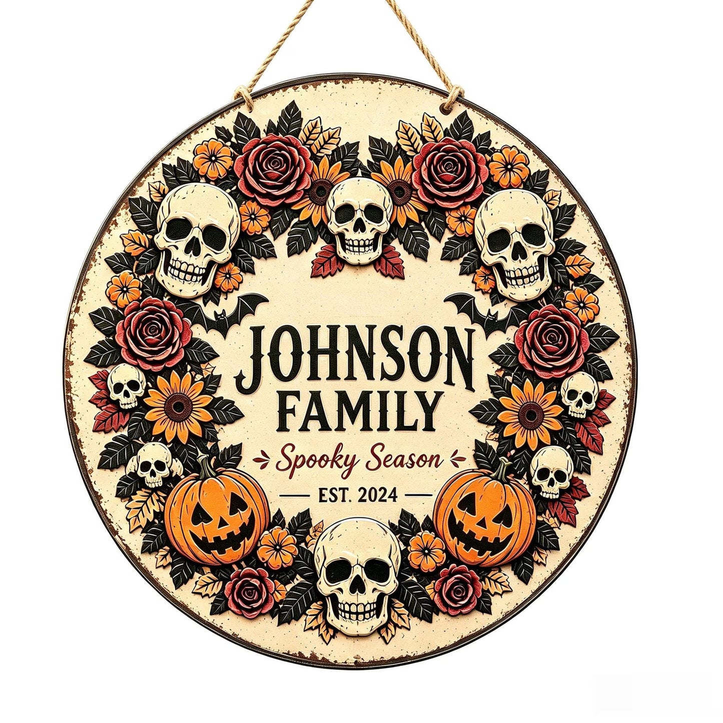 Personalized Halloween Metal Sign,Skull Pumpkin Fall Wreath Sign