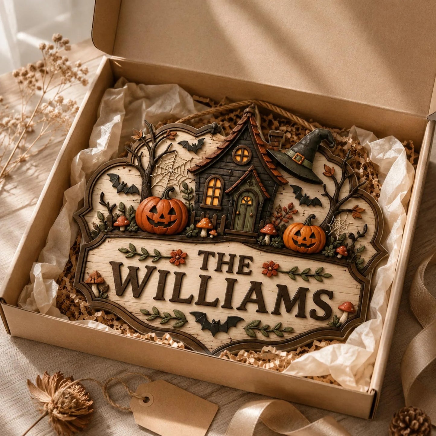 Personalized Halloween Family Name Wall Sign with Cozy Cottage Design