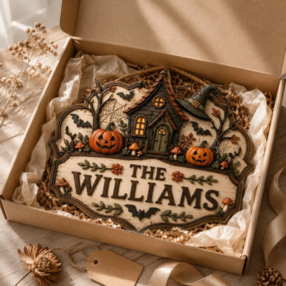 Personalized Halloween Family Name Wall Sign with Cozy Cottage Design