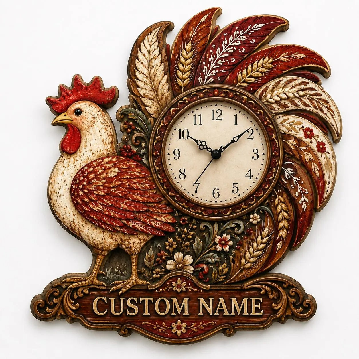 Personalized Rooster Wall Clock Rustic Farmhouse Chicken Decor