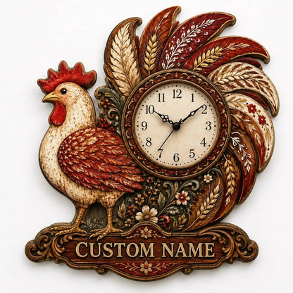 Personalized Rooster Wall Clock Rustic Farmhouse Chicken Decor