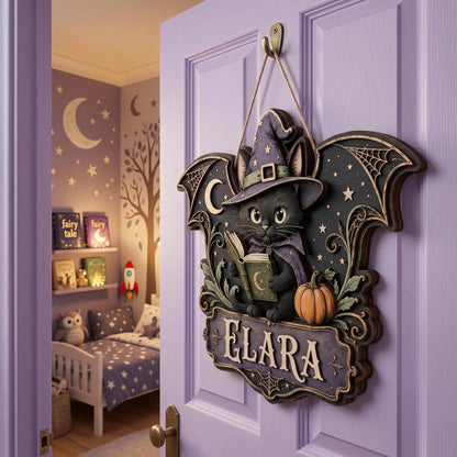 Custom Witch Cat Halloween Door Hanger with Name