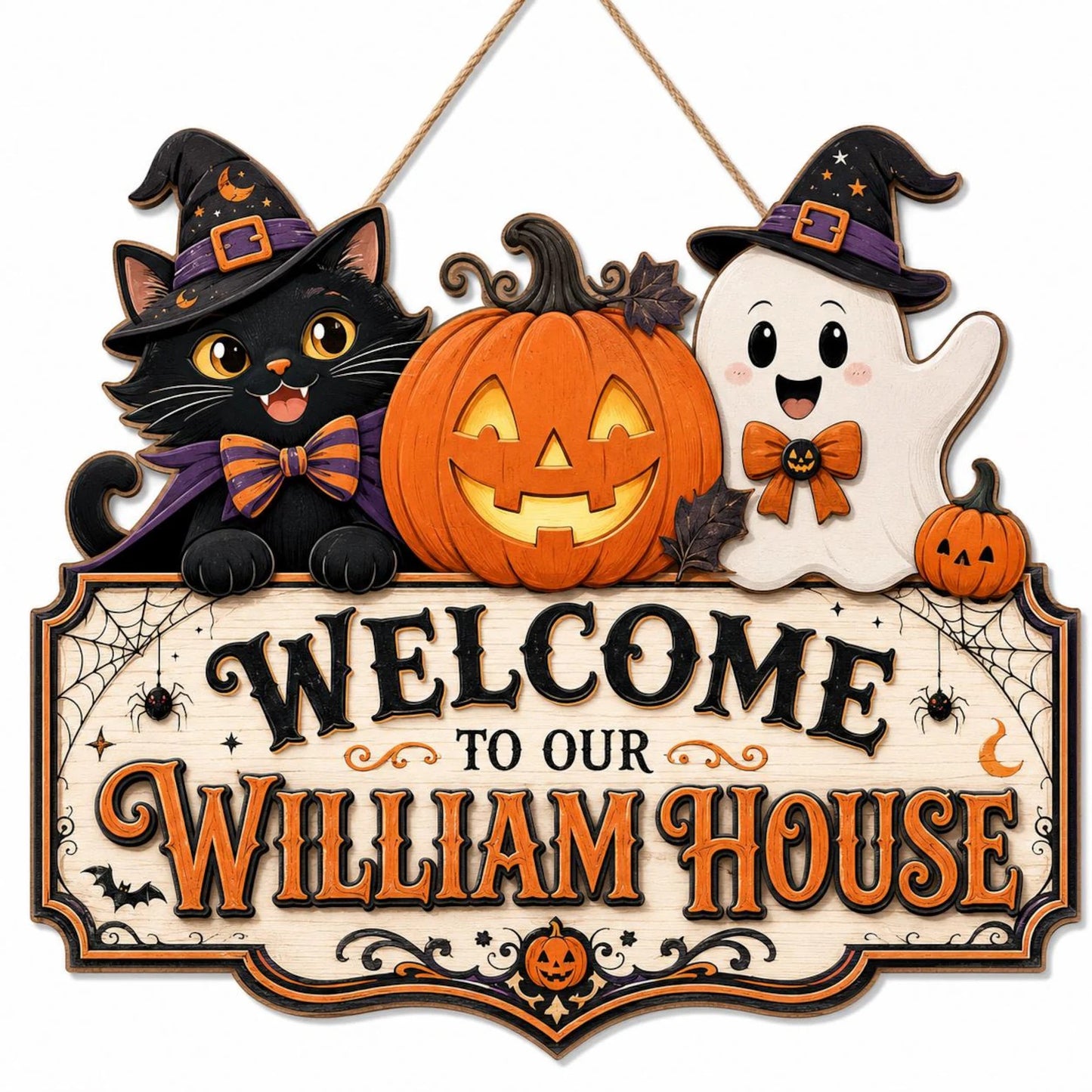 Personalized Halloween Welcome Wood Sign with Cat and Ghost