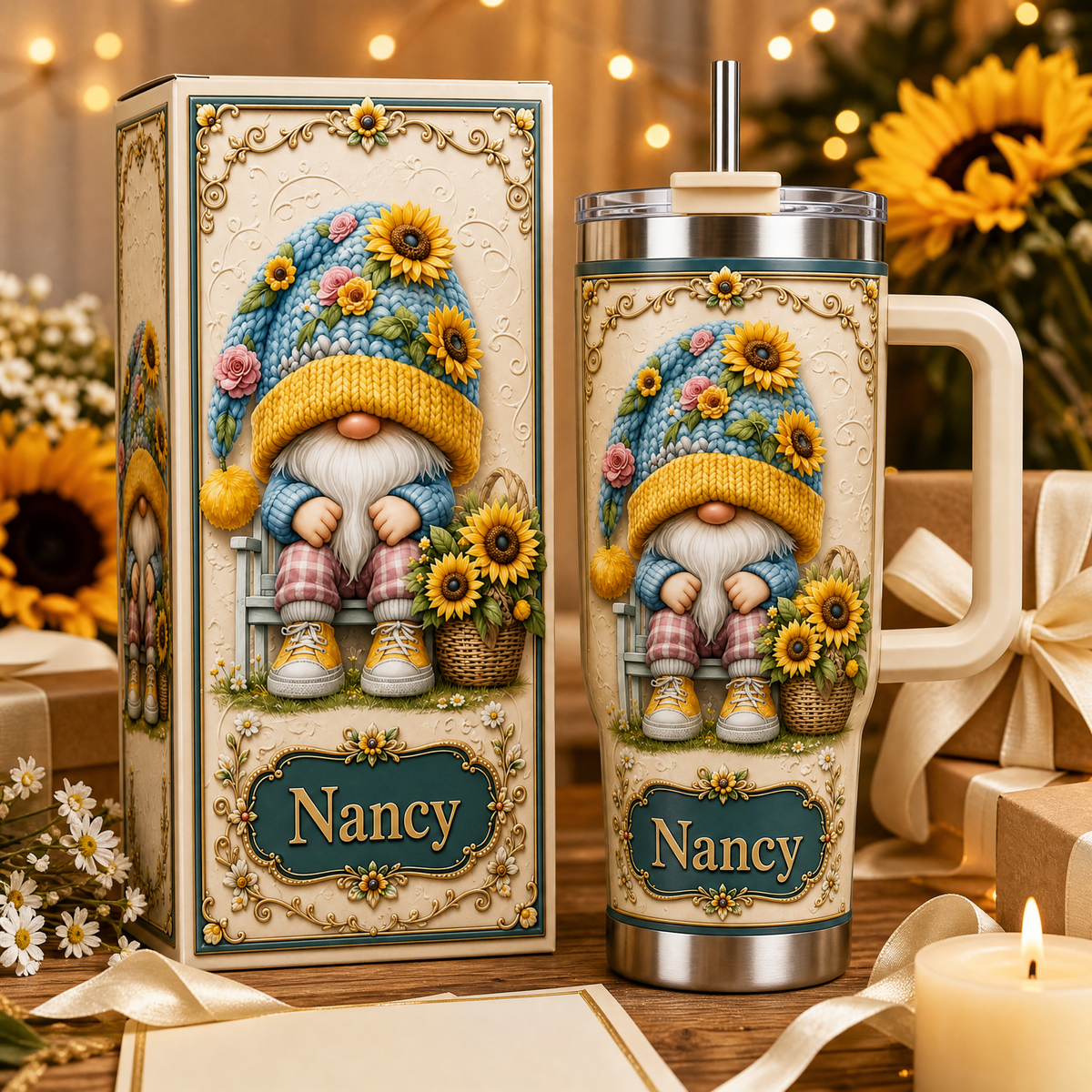 Personalized Sunflower Gnome Tumbler – Custom Name Gift Cup