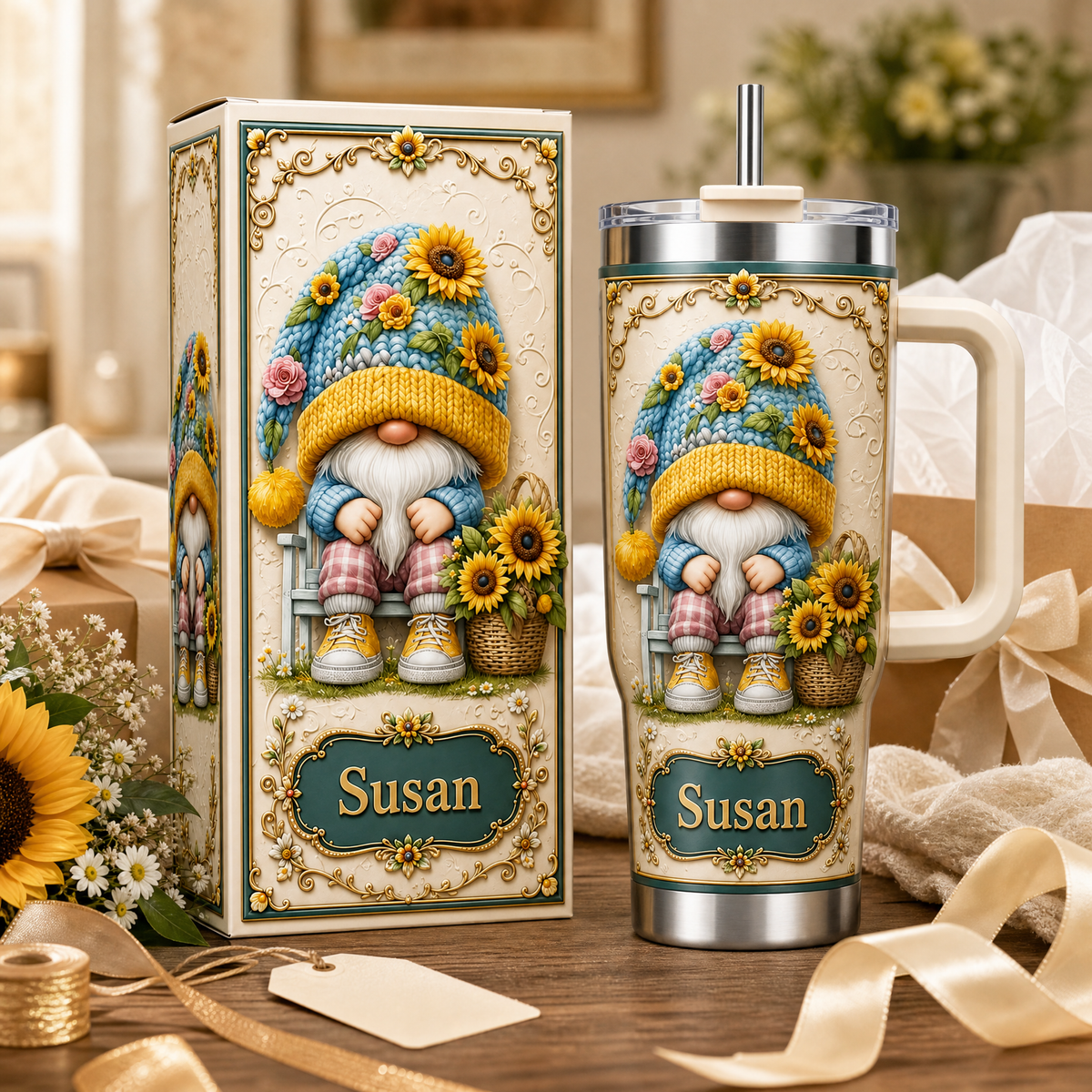 Personalized Sunflower Gnome Tumbler – Custom Name Gift Cup