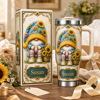 Personalized Sunflower Gnome Tumbler – Custom Name Gift Cup