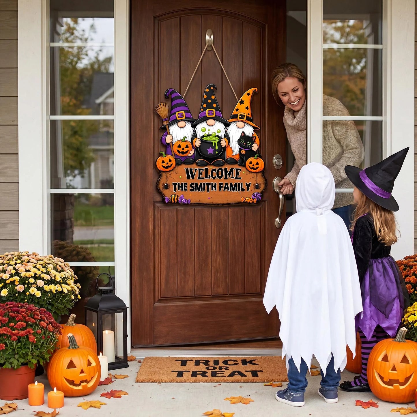 Personalized Halloween “Three Witches and Their Goblin Family” Welcome Wooden Sign
