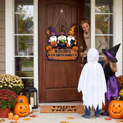 Personalized Halloween “Three Witches and Their Goblin Family” Welcome Wooden Sign