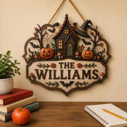 Personalized Halloween Family Name Wall Sign with Cozy Cottage Design