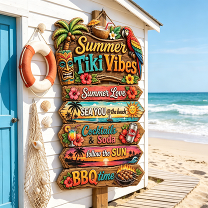 Summer Tiki Vibes Directional Sign Tropical Beach Party Wooden Decor
