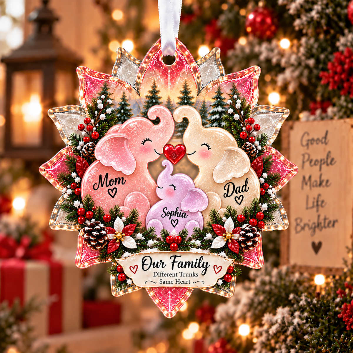 🐘 Personalized Elephant Family Sea Glass Style Christmas Ornament
