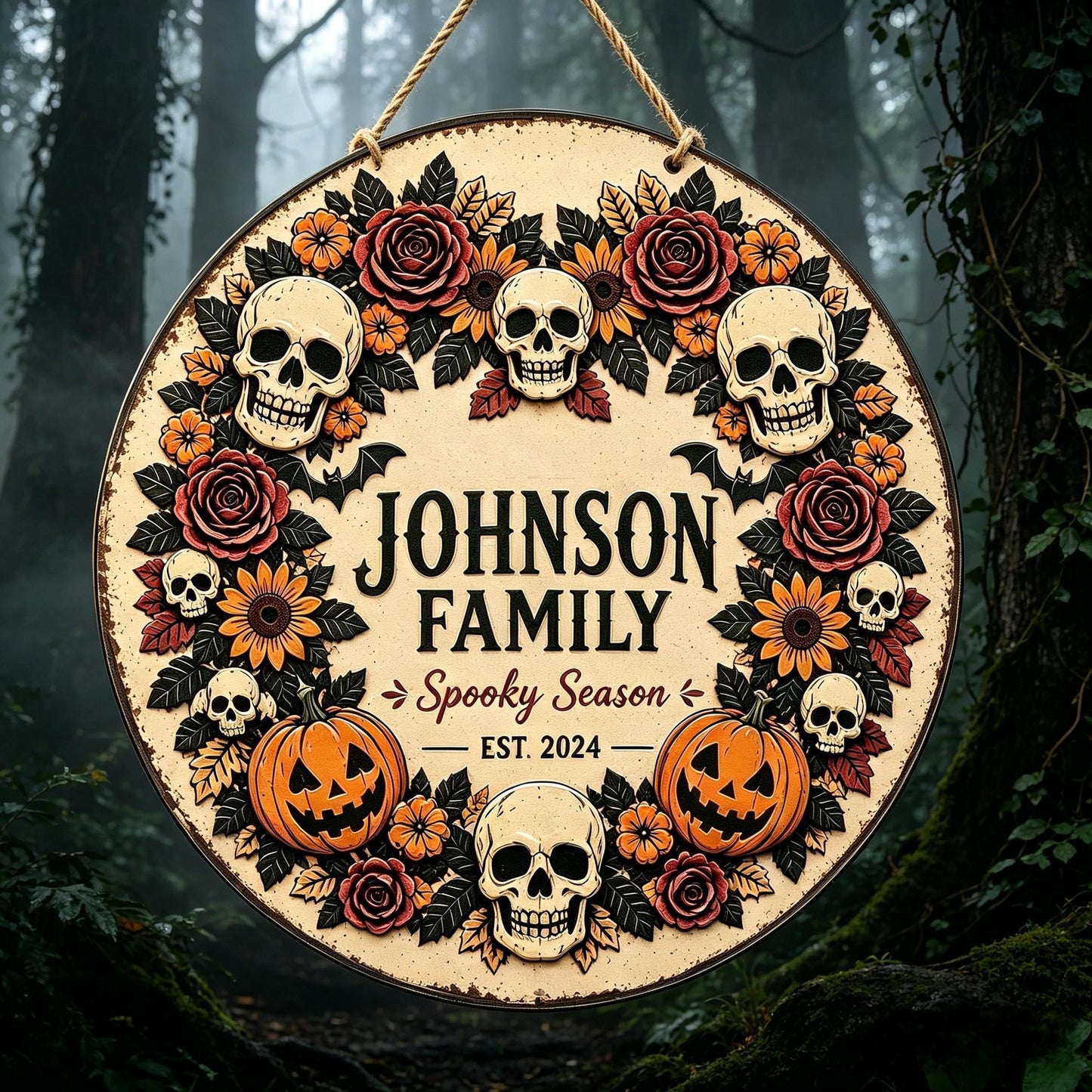 Personalized Halloween Metal Sign,Skull Pumpkin Fall Wreath Sign