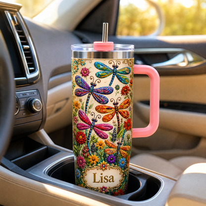 Personalized Dragonfly Tumbler– Custom Name Wildflower Cup for Her