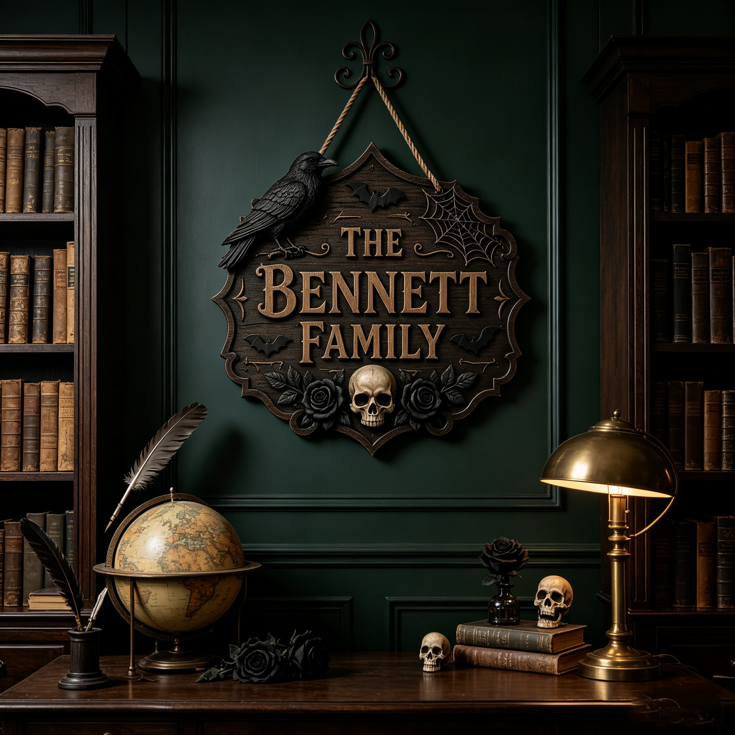 Gothic Halloween Wooden Door Sign, Raven Skull Family Name Sign