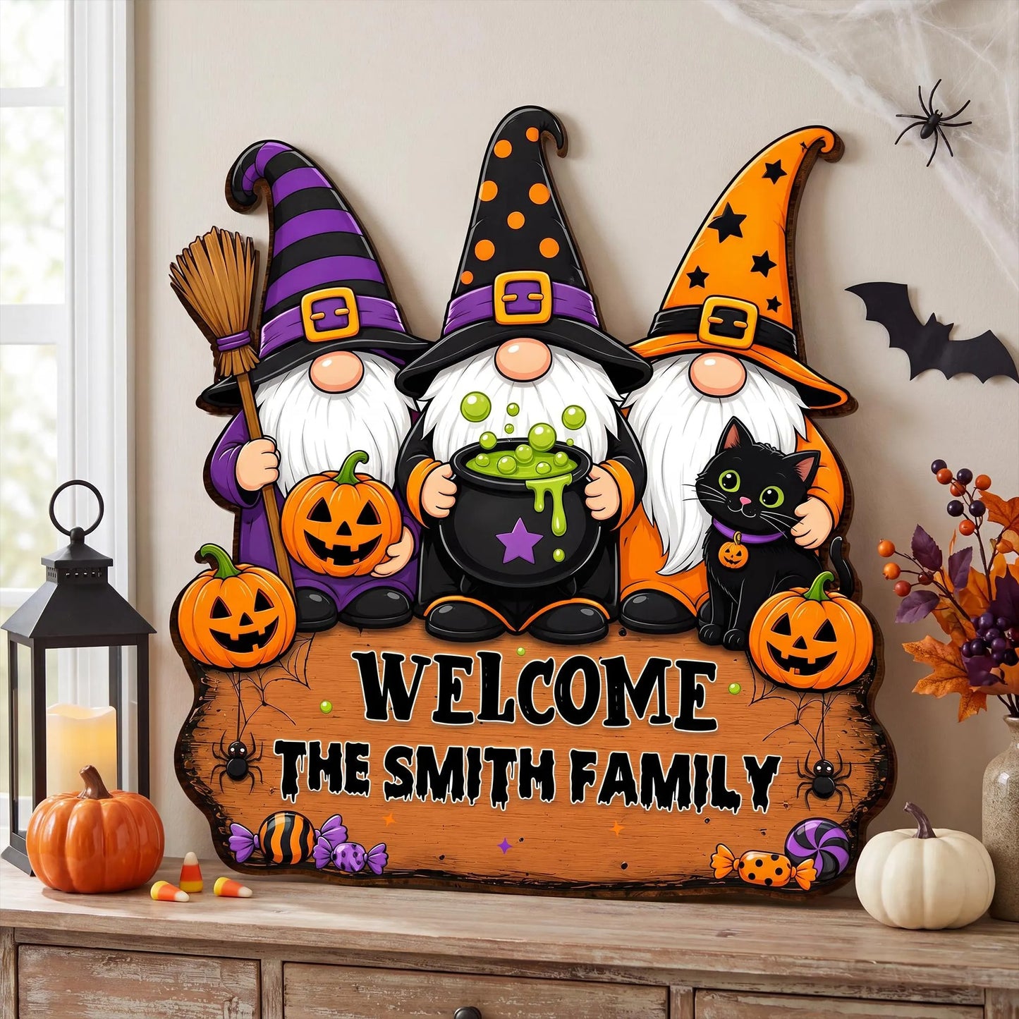 Personalized Halloween “Three Witches and Their Goblin Family” Welcome Wooden Sign